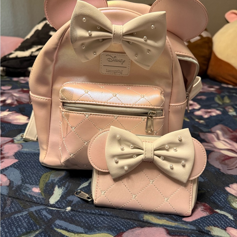 Loungefly Pink and Cream Bow Backpack and Wallet